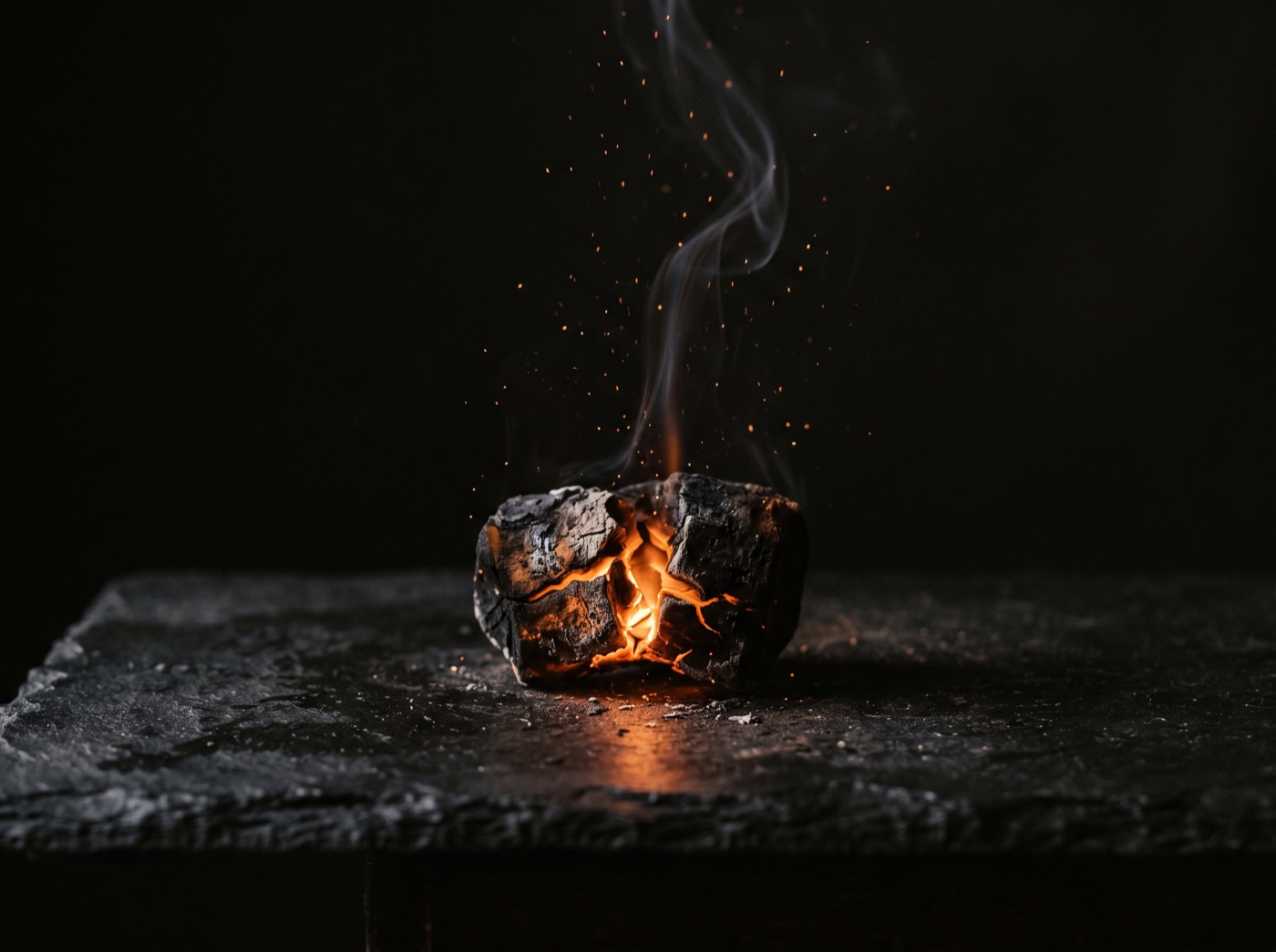 A single cracked ember glowing from within on dark slate, a thin wisp of smoke rising
