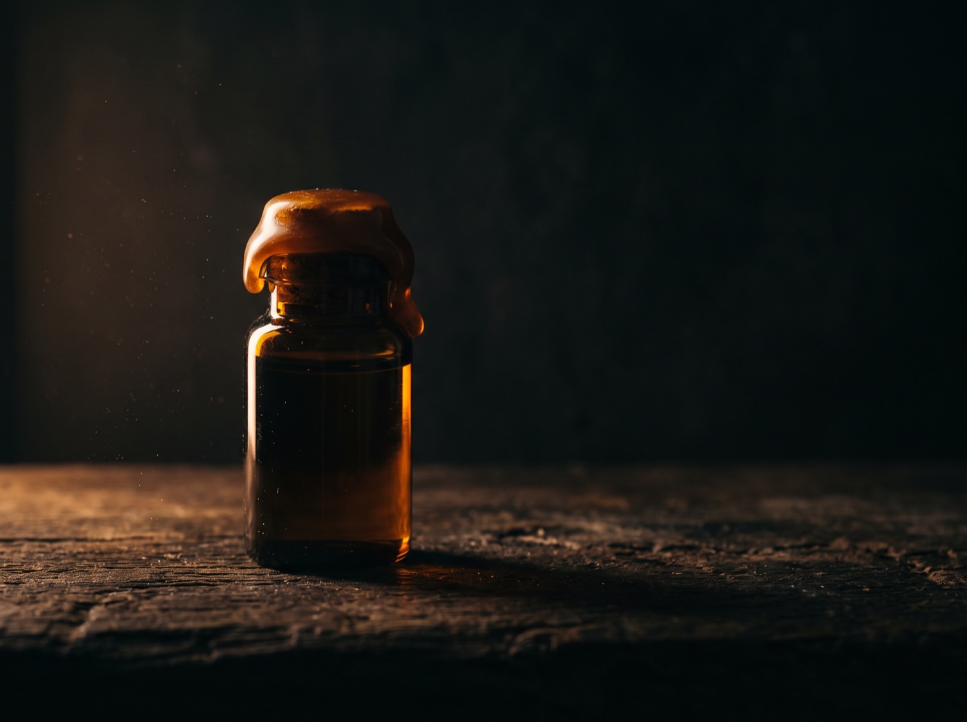 A small dark vial sealed over the cork with blank amber wax, edge-lit in near darkness