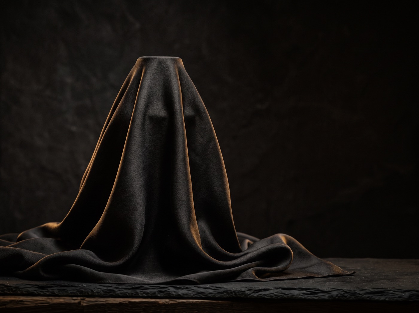 A bottle-shaped form completely hidden beneath draped dark silk, rim-lit in gold