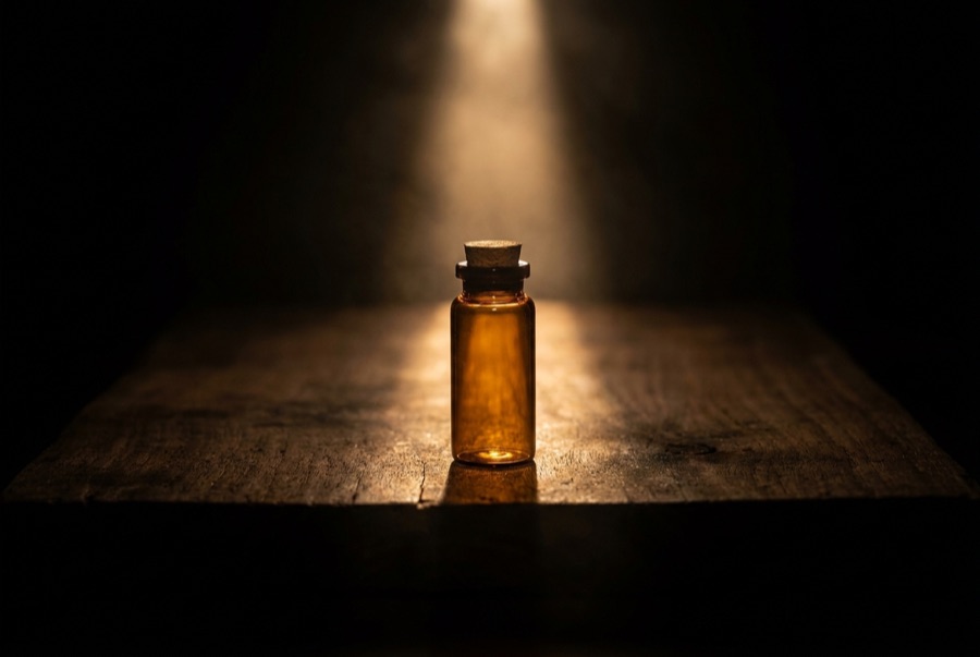 A single amber vial in a shaft of warm light