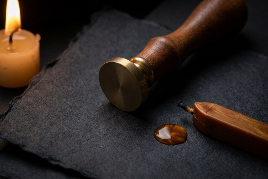 A blank brass seal and amber wax by candlelight