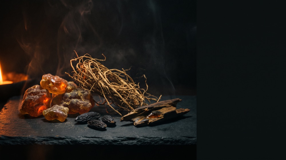 Amber resin, vetiver roots, tonka beans and oud wood in low ember light
