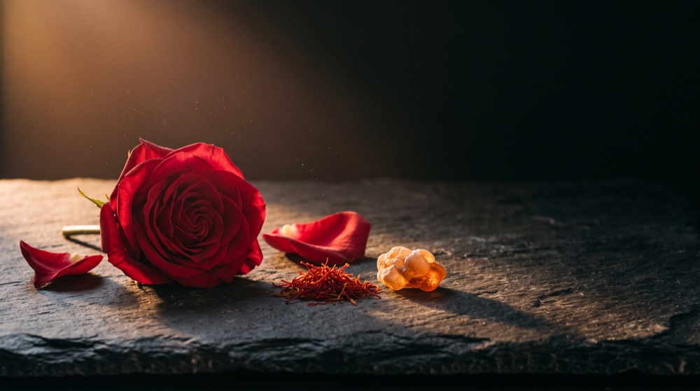 A crimson rose, saffron threads and a lump of amber resin in warm light