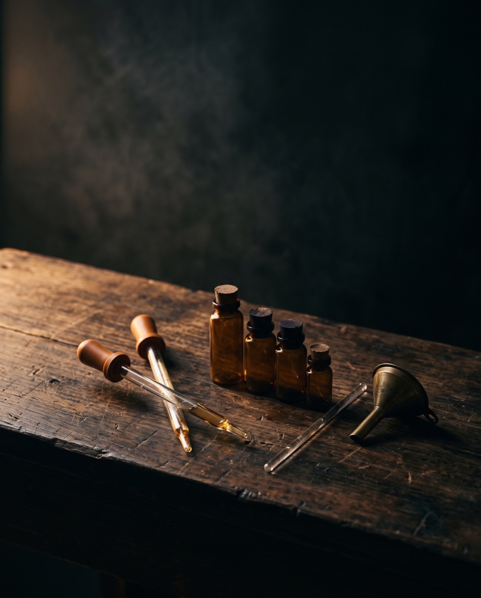 Glass droppers, a row of small amber vials and a brass funnel resting on a dark wooden bench