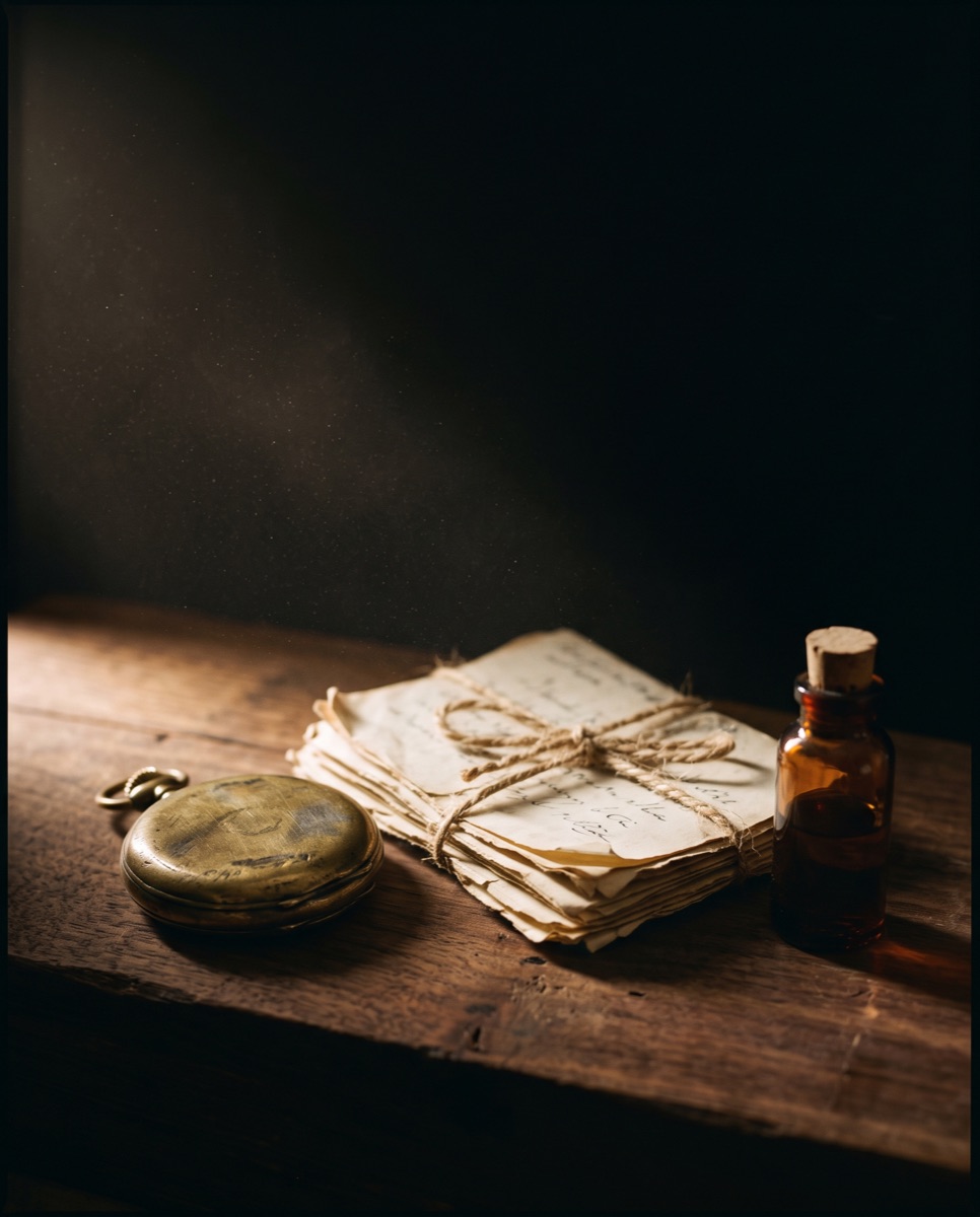 An old brass pocket watch, a bundle of letters tied with twine and a small amber vial on dark wood