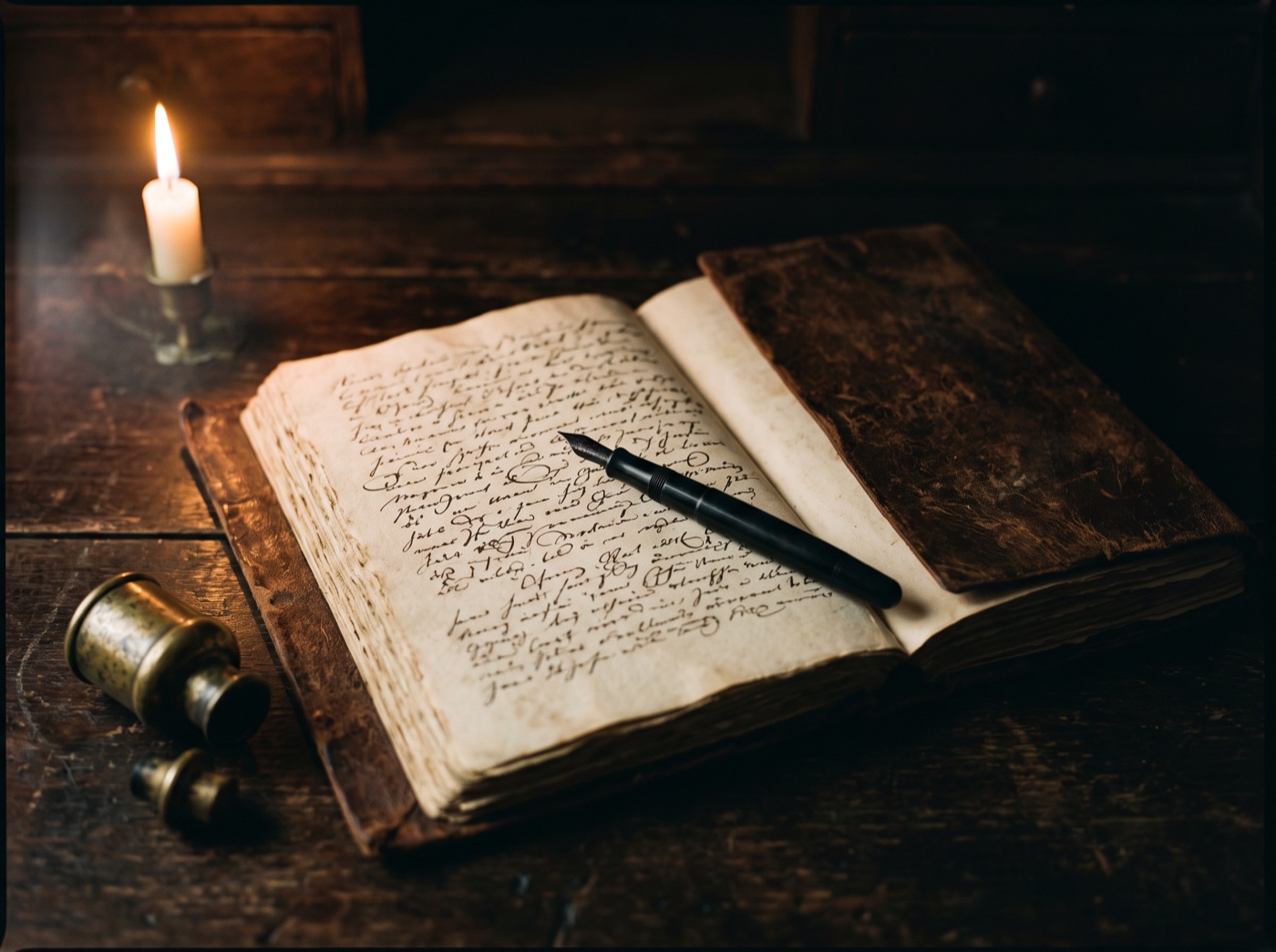 A worn journal open to pages of dense handwriting, a fountain pen across one page, lit by candlelight