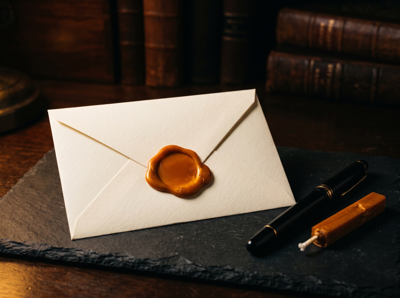 A cream envelope closed with a blank amber wax seal, a fountain pen and a stick of wax beside it