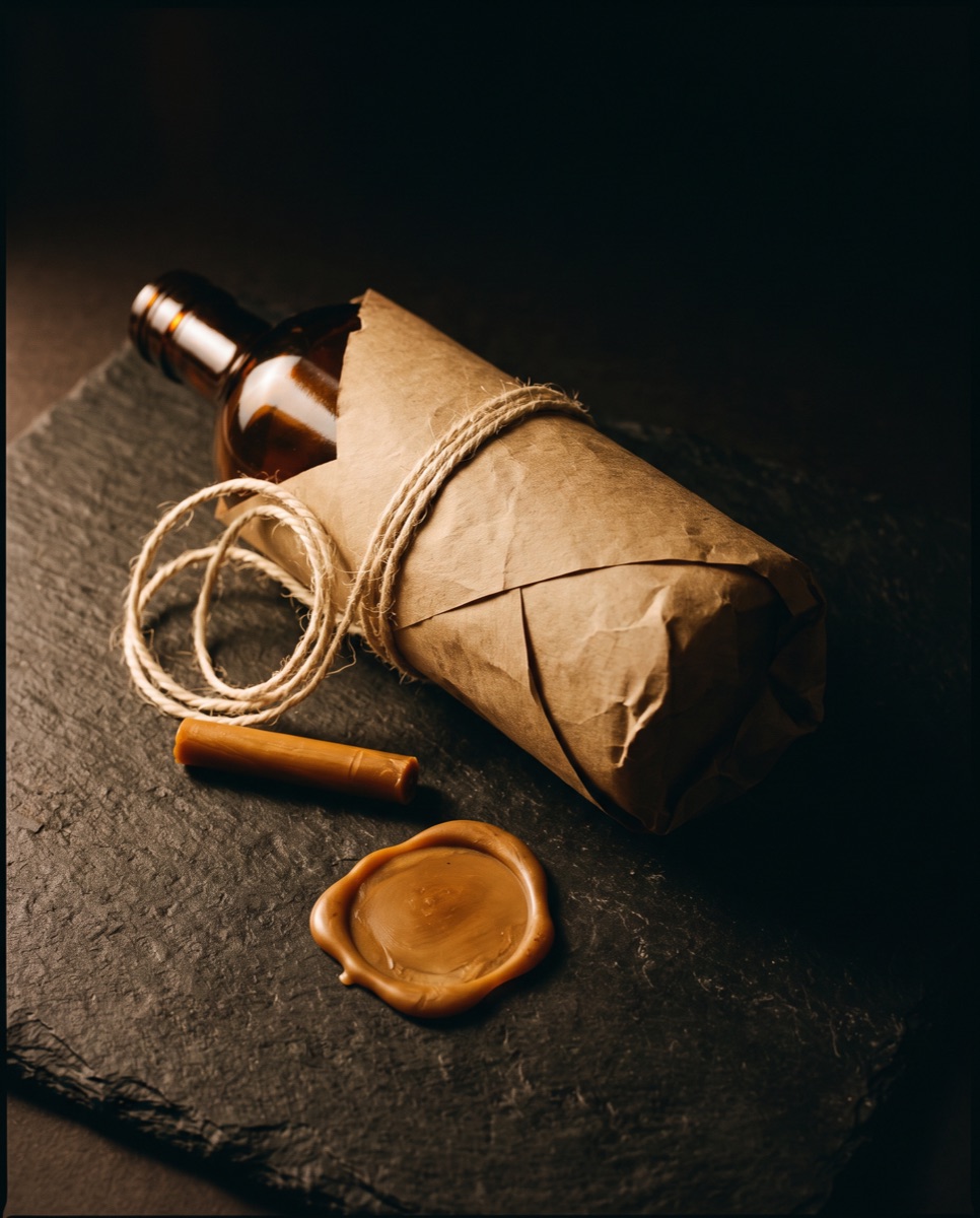 An amber glass bottle half-wrapped in kraft paper with twine and a stick of sealing wax on dark slate