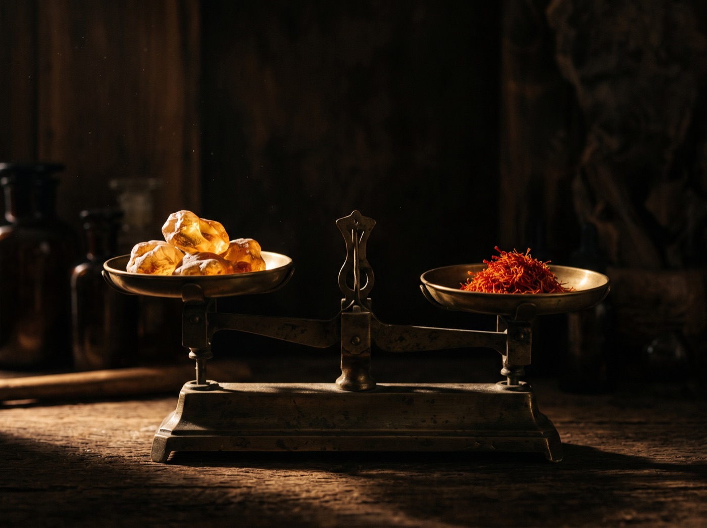 An antique balance scale weighing amber resin against saffron threads